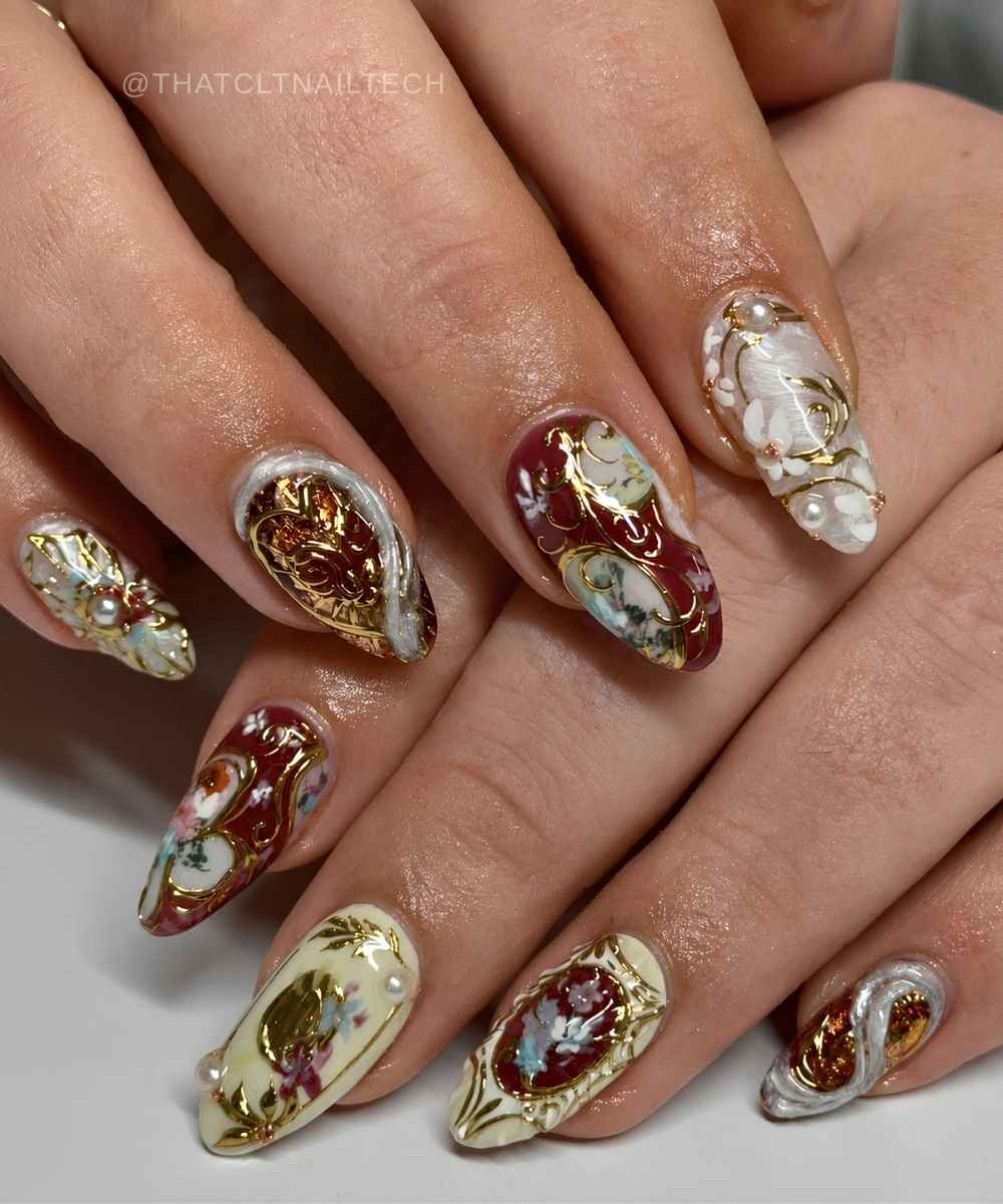 Burgundy and vanilla baroque porcelain inspired nails