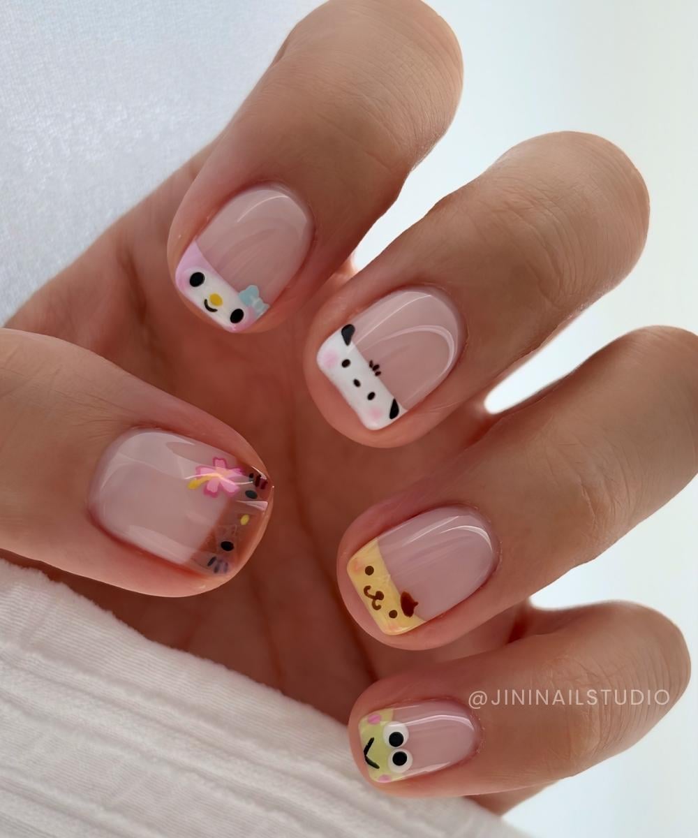 Colorful French mani with animal characters