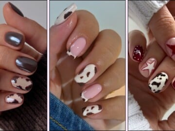 A collage of cow print nail designs