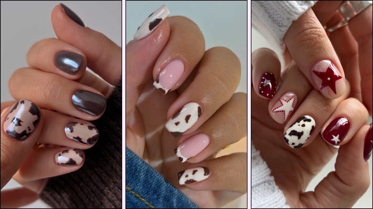A collage of cow print nail designs