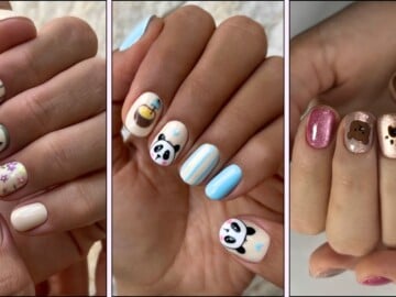 A collage of cute animal character nail art