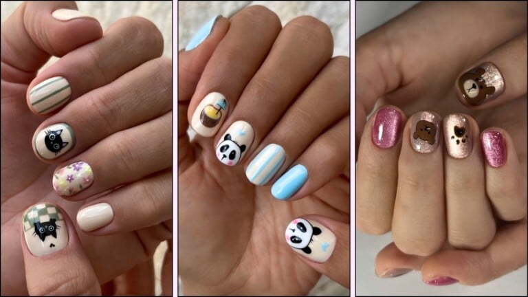 A collage of cute animal character nail art