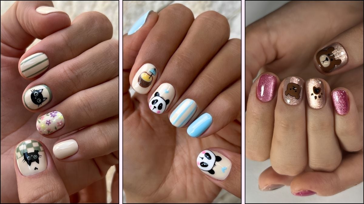 A collage of cute animal character nail art