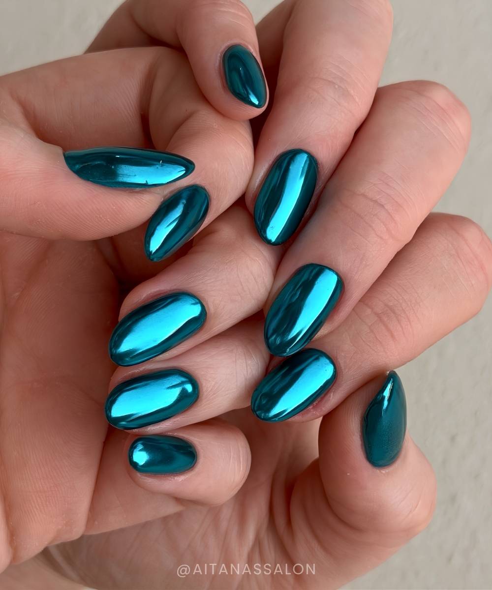 Deep teal chrome nails