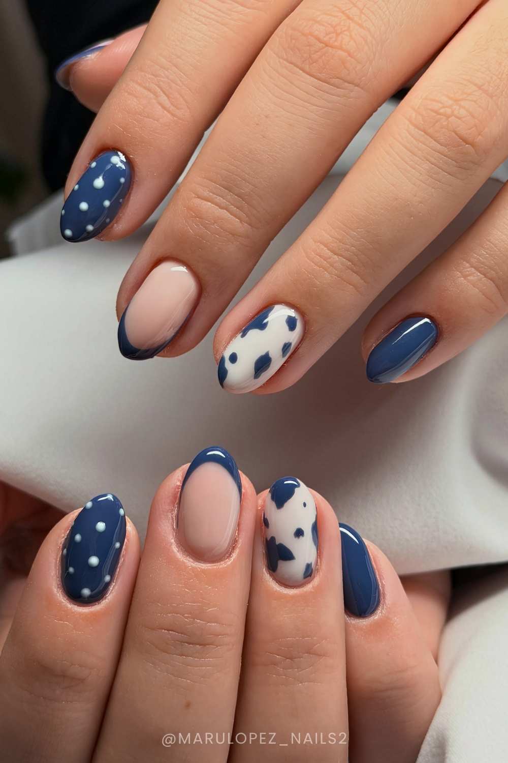 Denim blue nails with cow print and polka dots