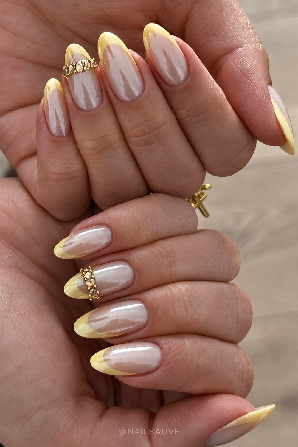 Glazed yellow French mani with bangle art