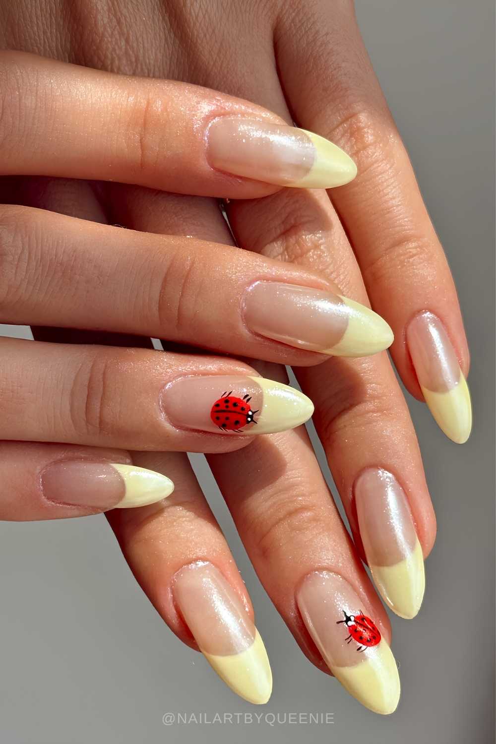 Glazed yellow French nails with ladybugs