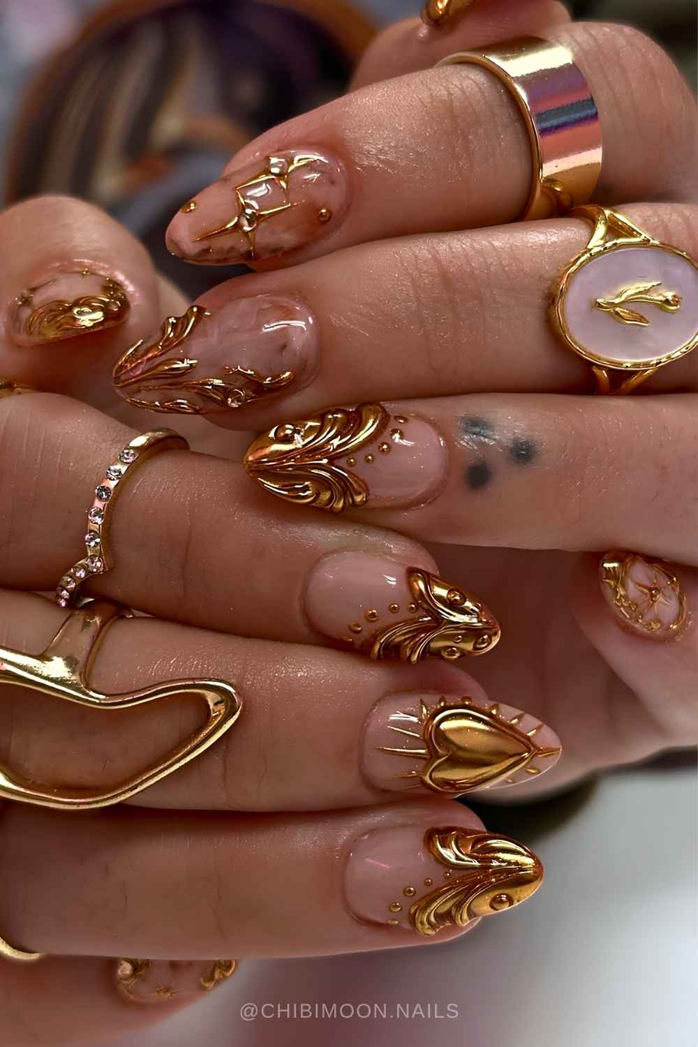 Gold baroque French manicure