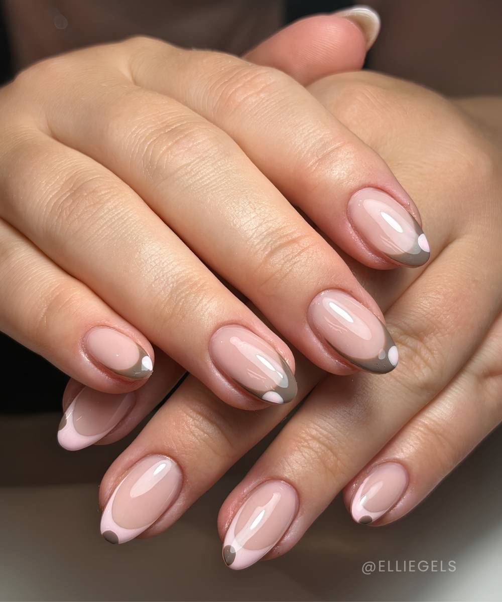 Gray and pink French nails with dot accents