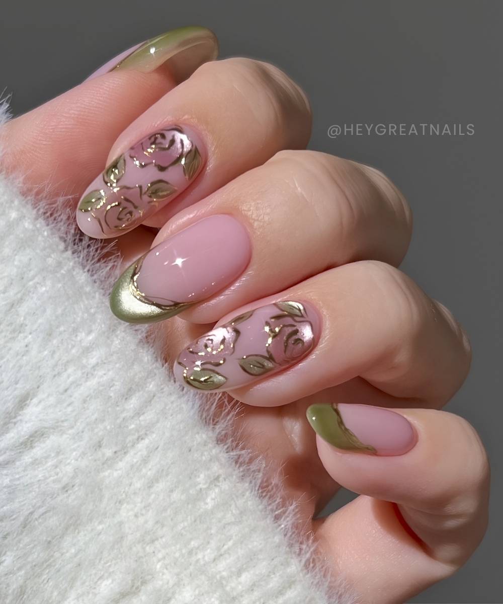 Green cat eye French nails with pink florals