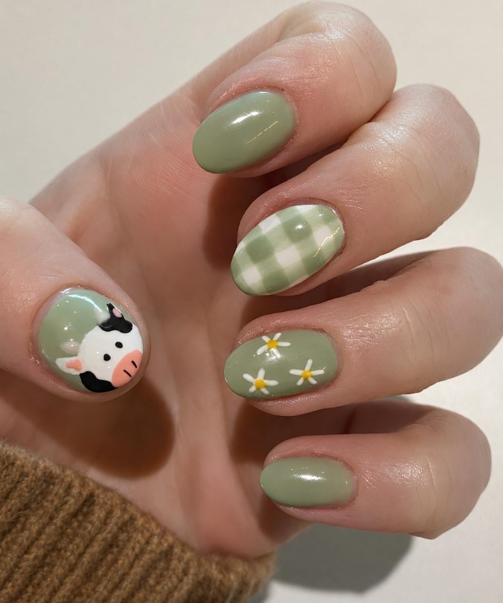 Green nails with gingham and cow art