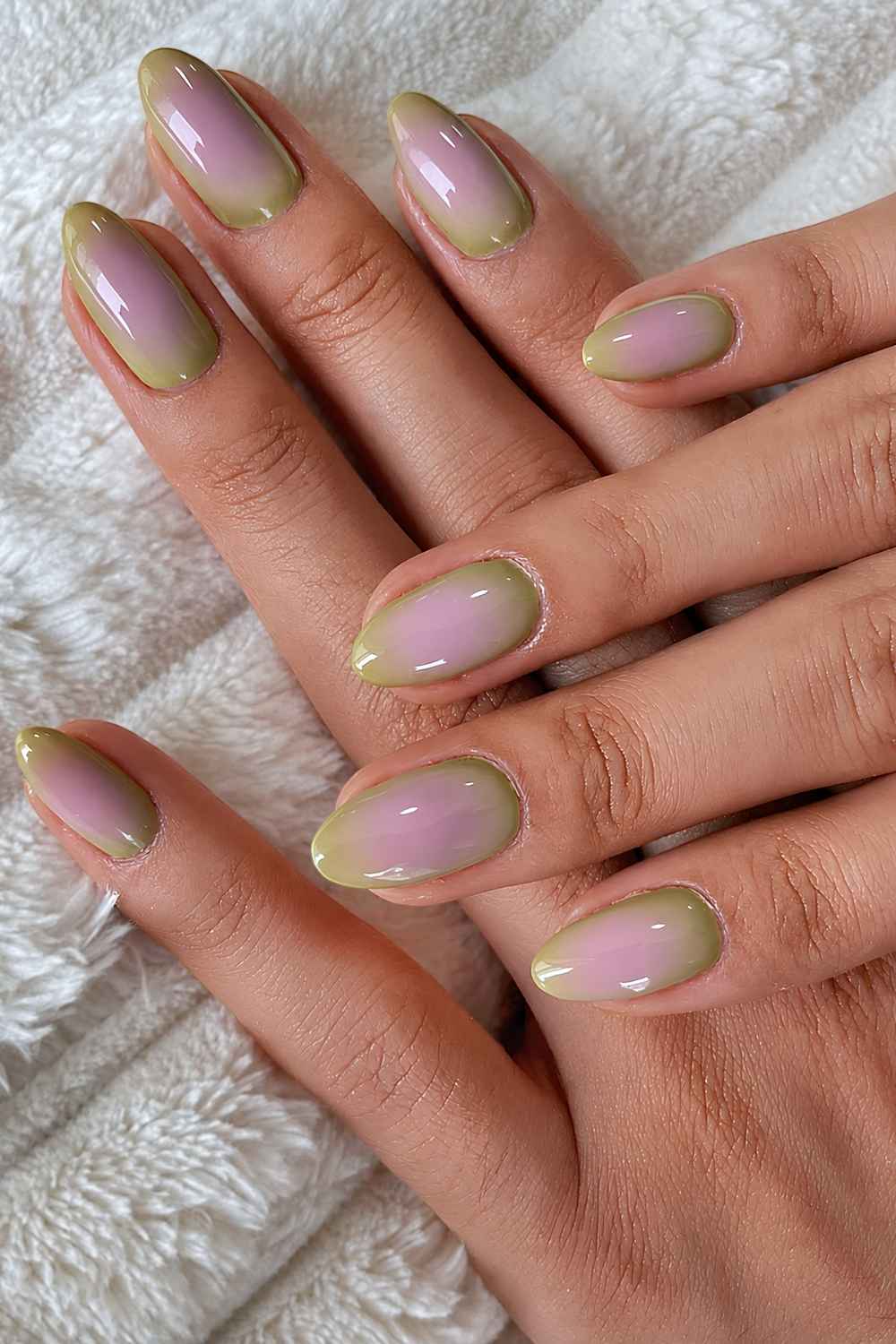 Matcha green nails with pink aura