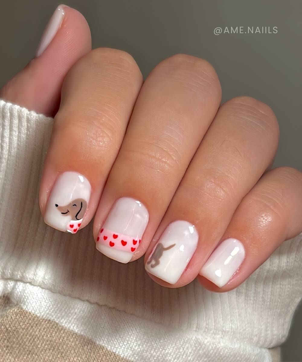Milky white mani with cute dog art