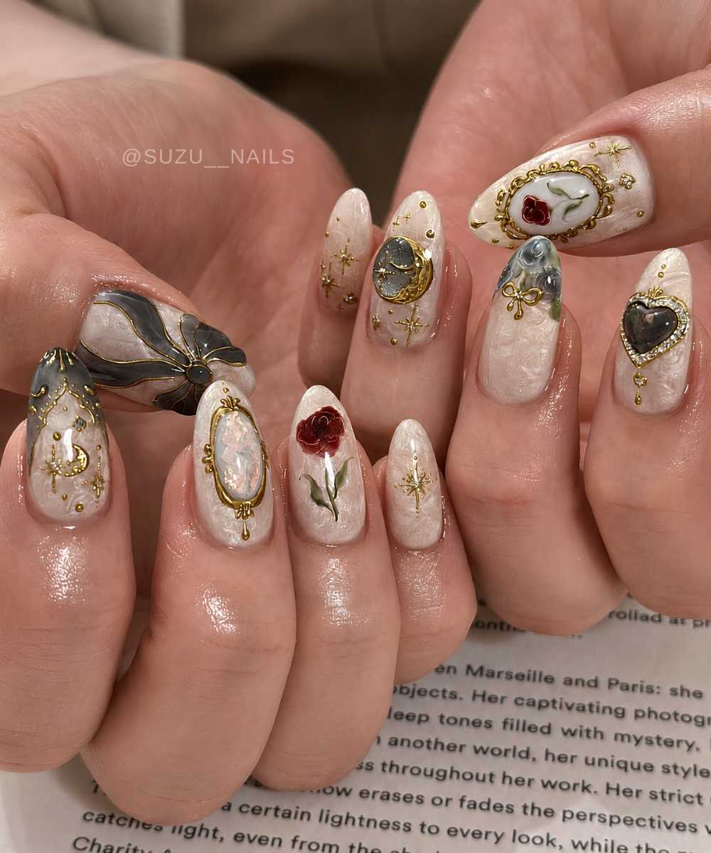 Milky white nails with gold details and vintage rose art