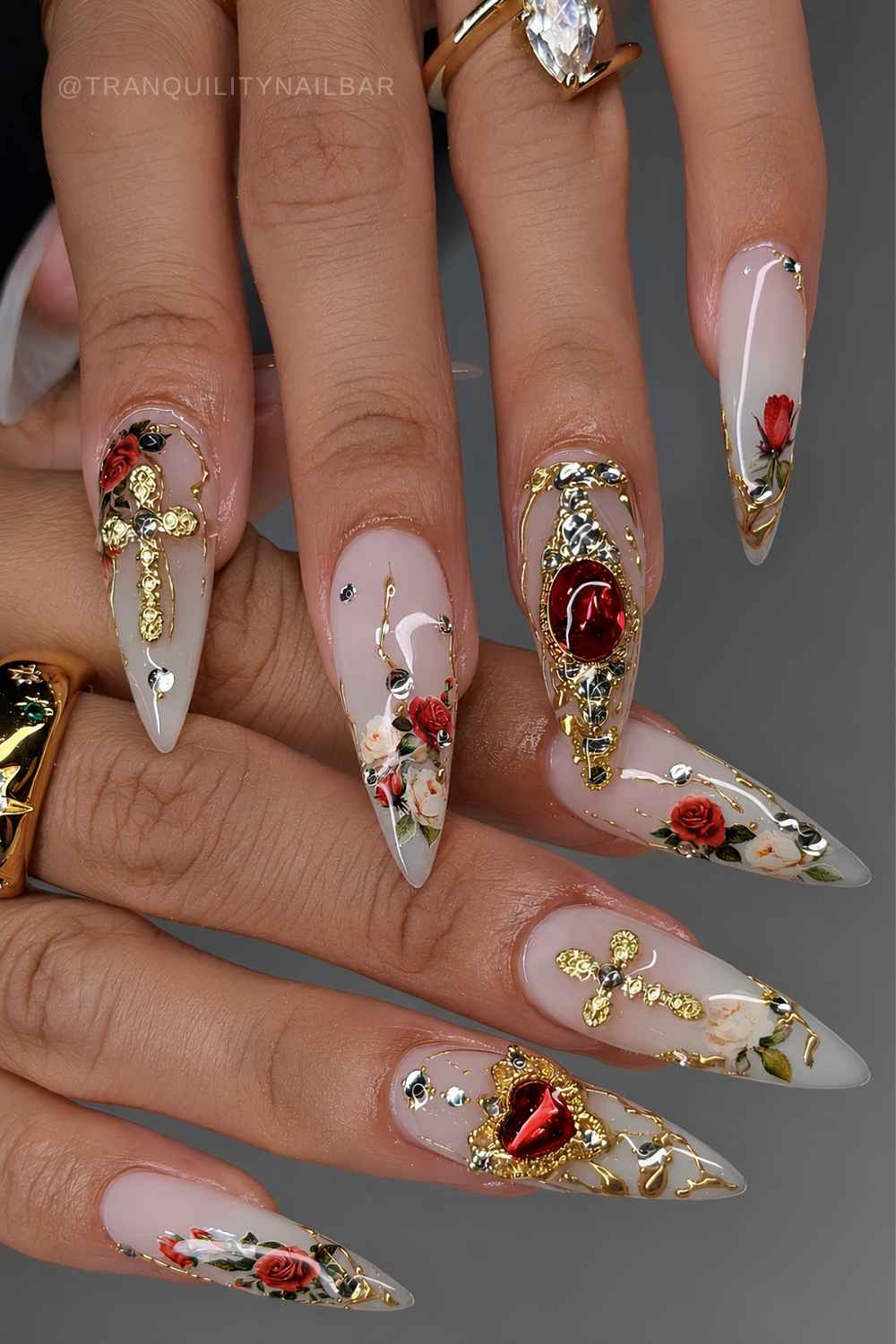 Milky white nails with opulend gold and floral art