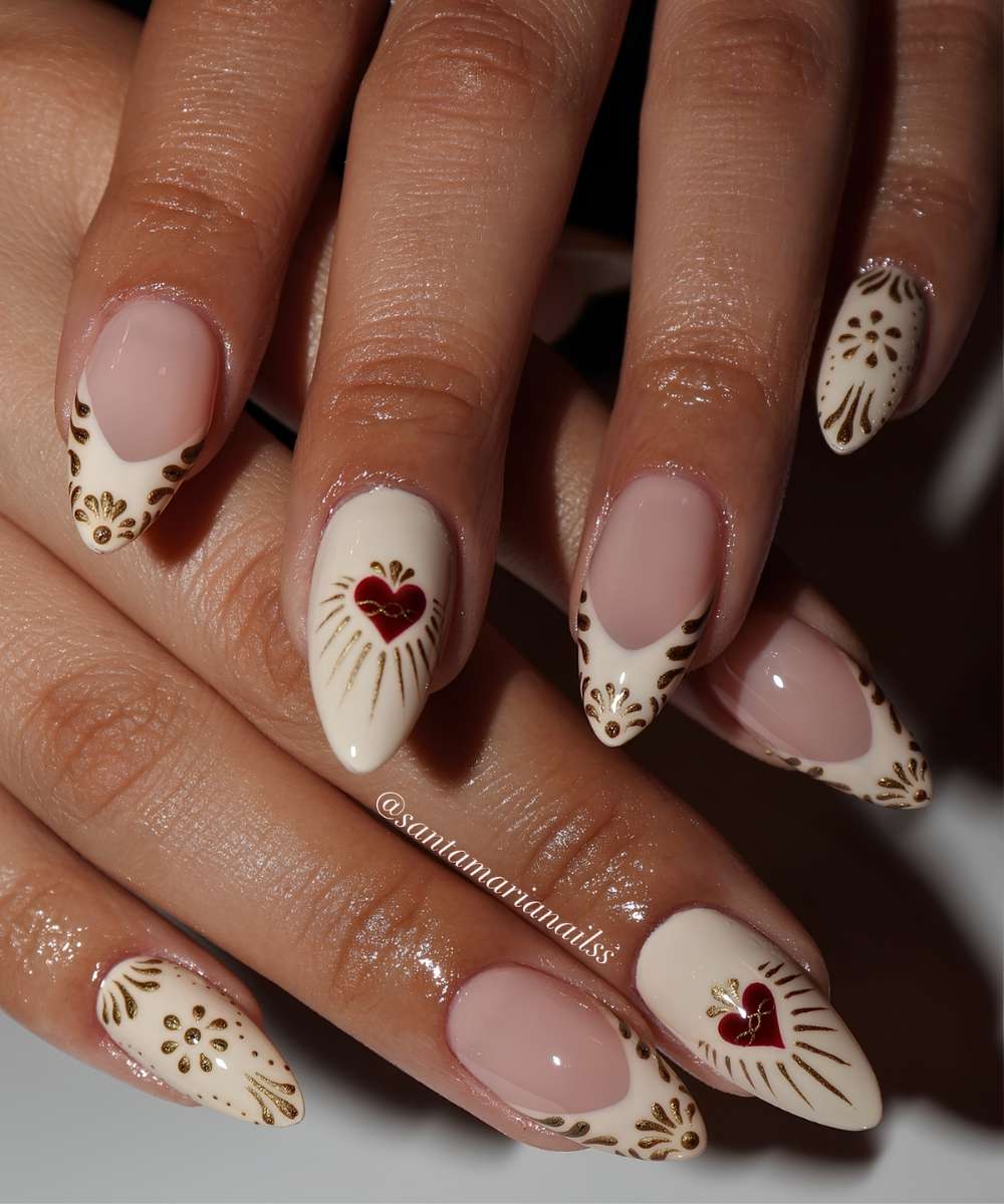 Neutral mani with gold baroque inspired art