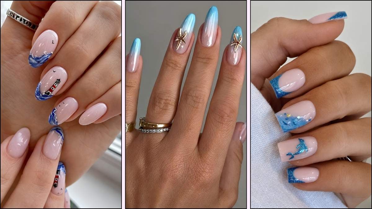 A collage of ocean inspired nail designs