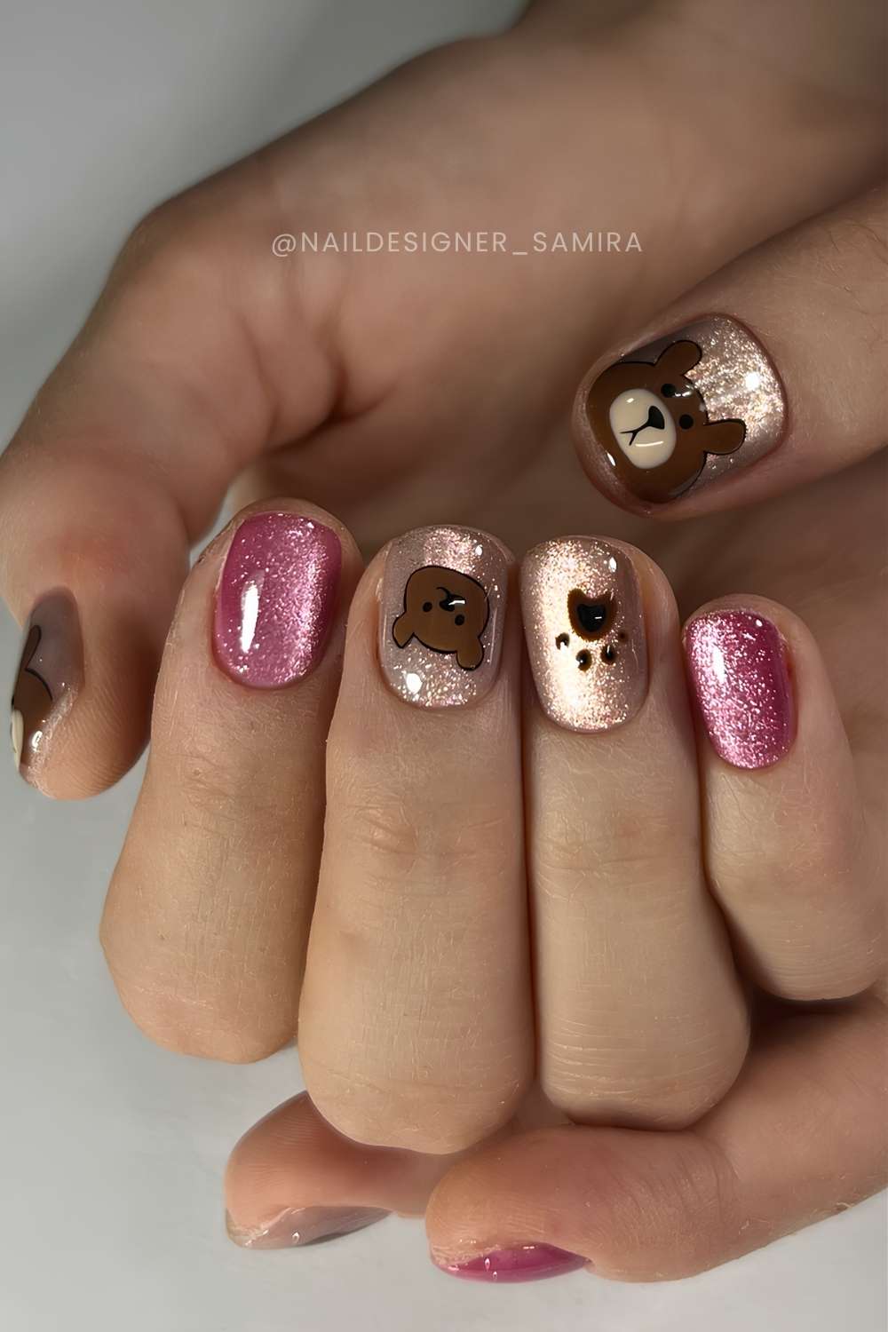Pink and gold velvet nails with teddy bear art