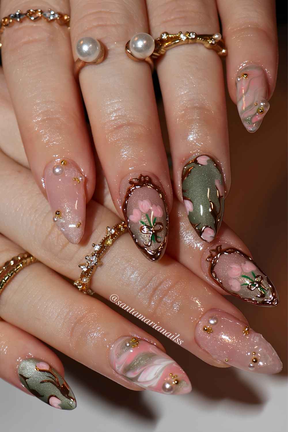 Pink and green Rococo inspired mani