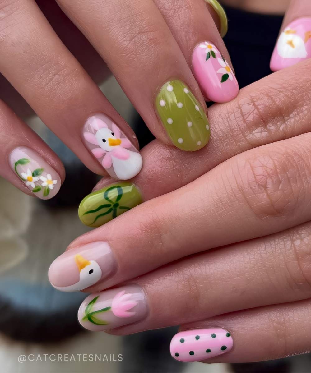 Pink and green mani with flowers and goose art