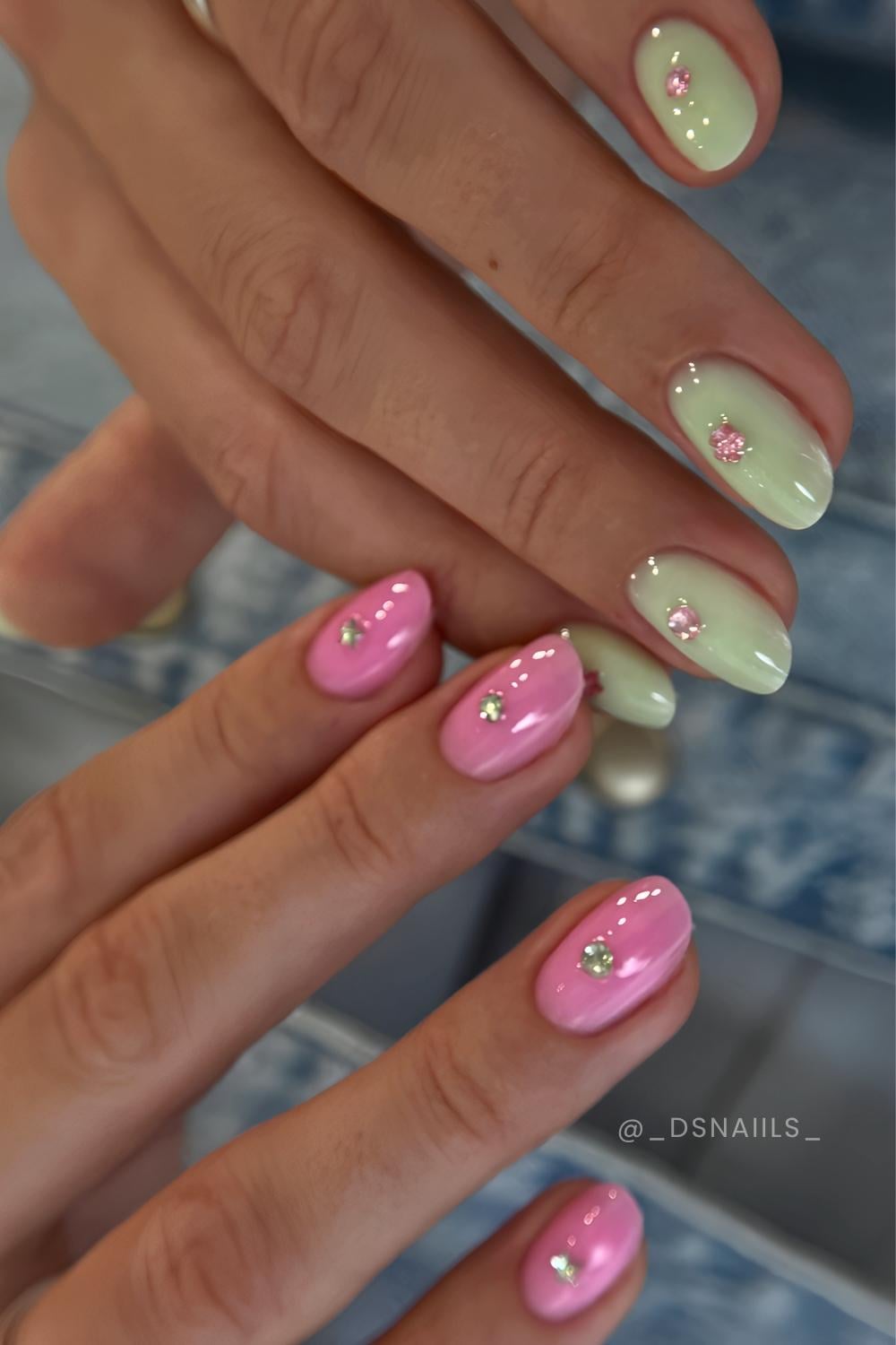Pink and green mani with rhinestones