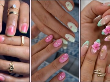 A collage of pink and green nail designs