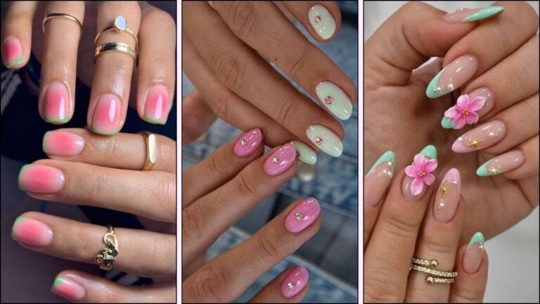 A collage of pink and green nail designs