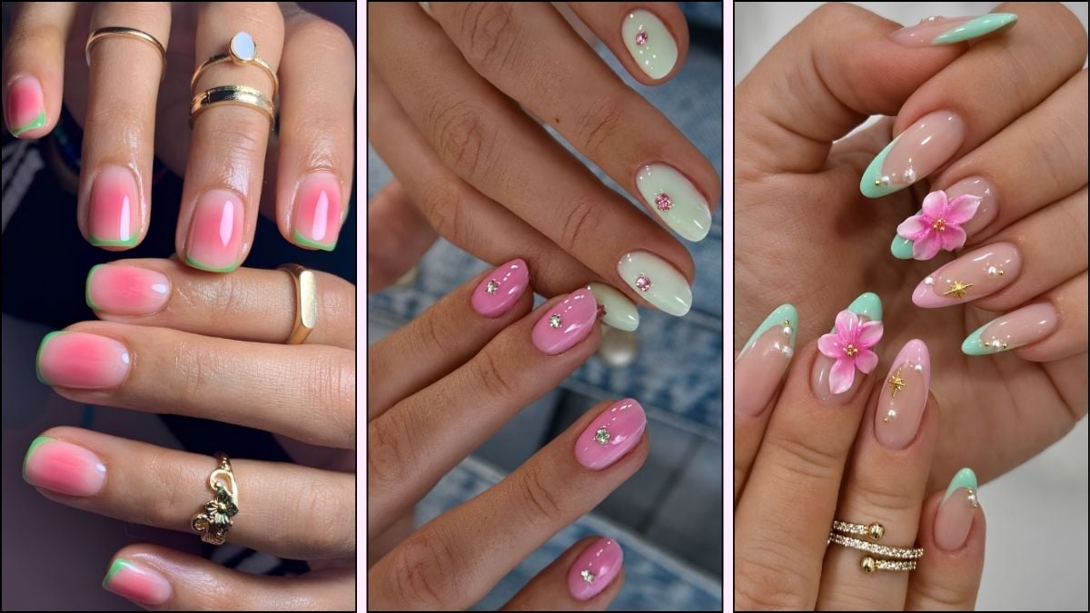 A collage of pink and green nail designs