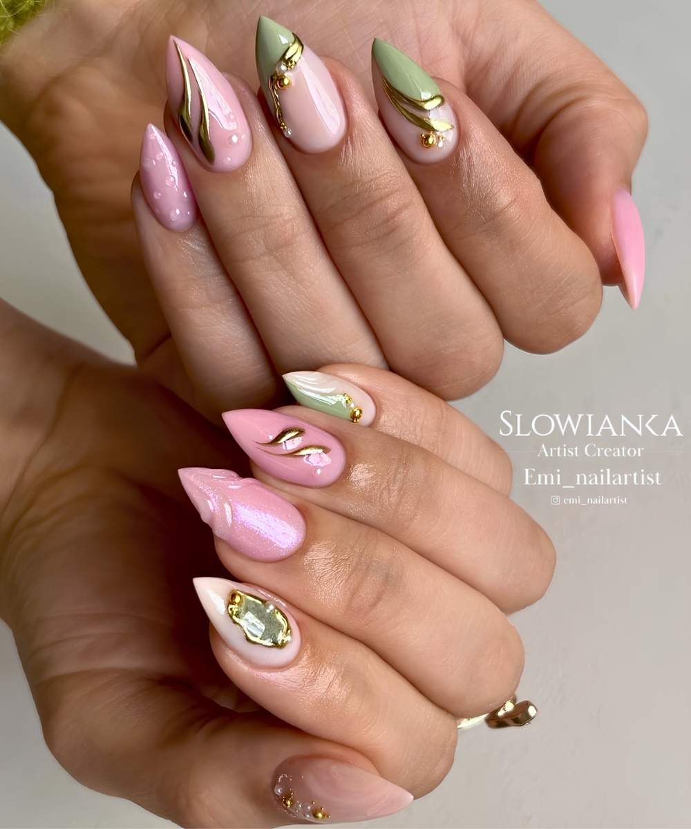 Pink and green nails with gold accent art