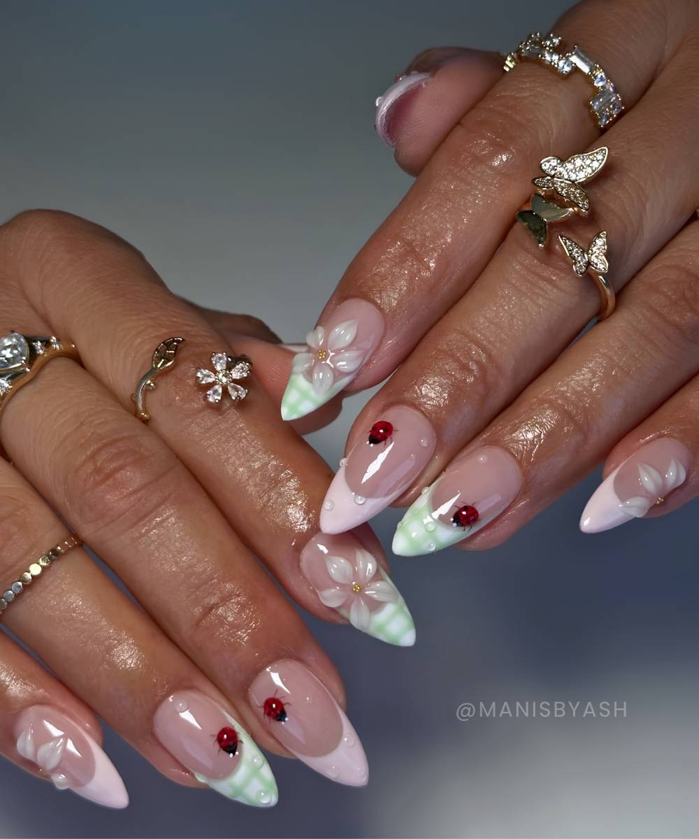 Pink and green nails with ladybugs and gingham