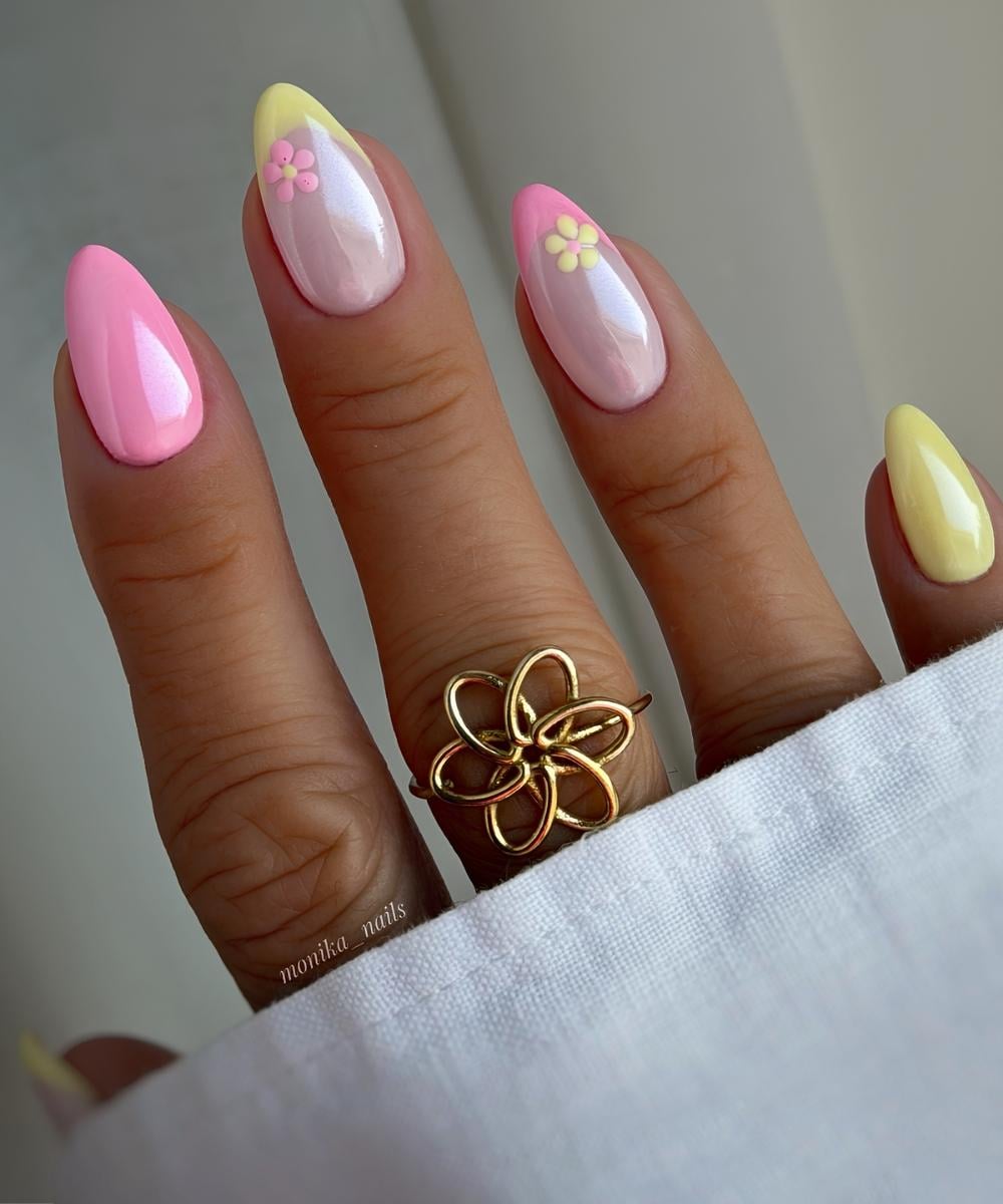 Pink and yellow floral chrome nails