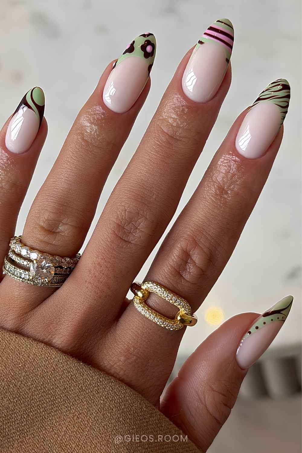 Pink green and brown mix and match mani