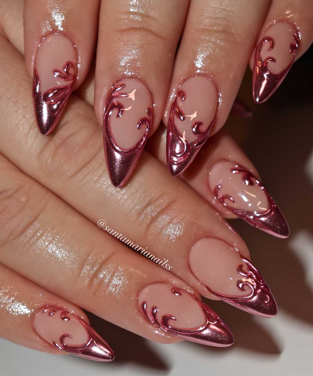 Rose gold chrome French mani with swirls