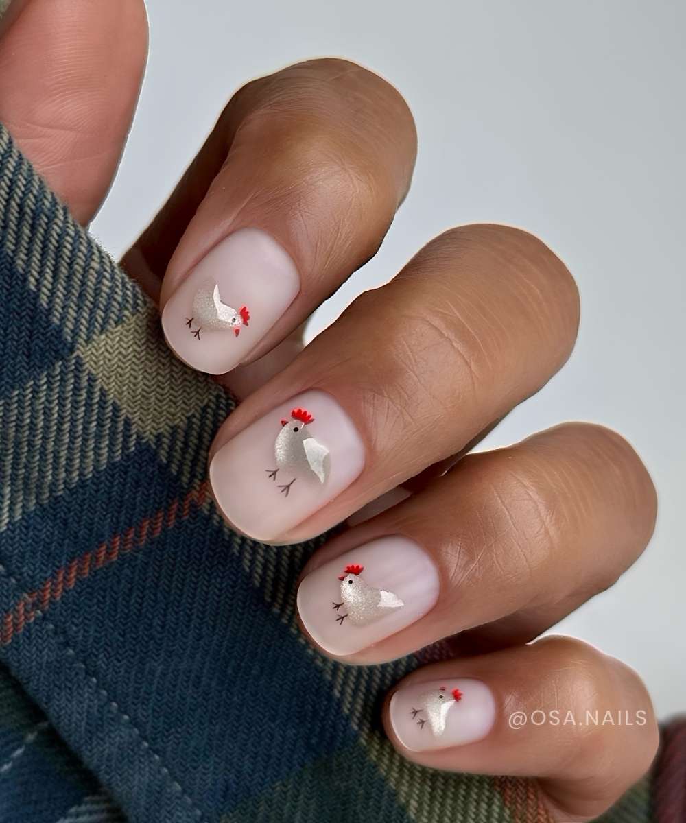 Sheer matte nails with sculpted chicken art