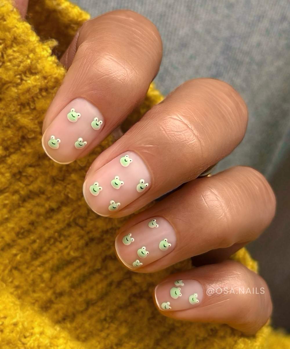 Sheer nails with cute mini frog faces