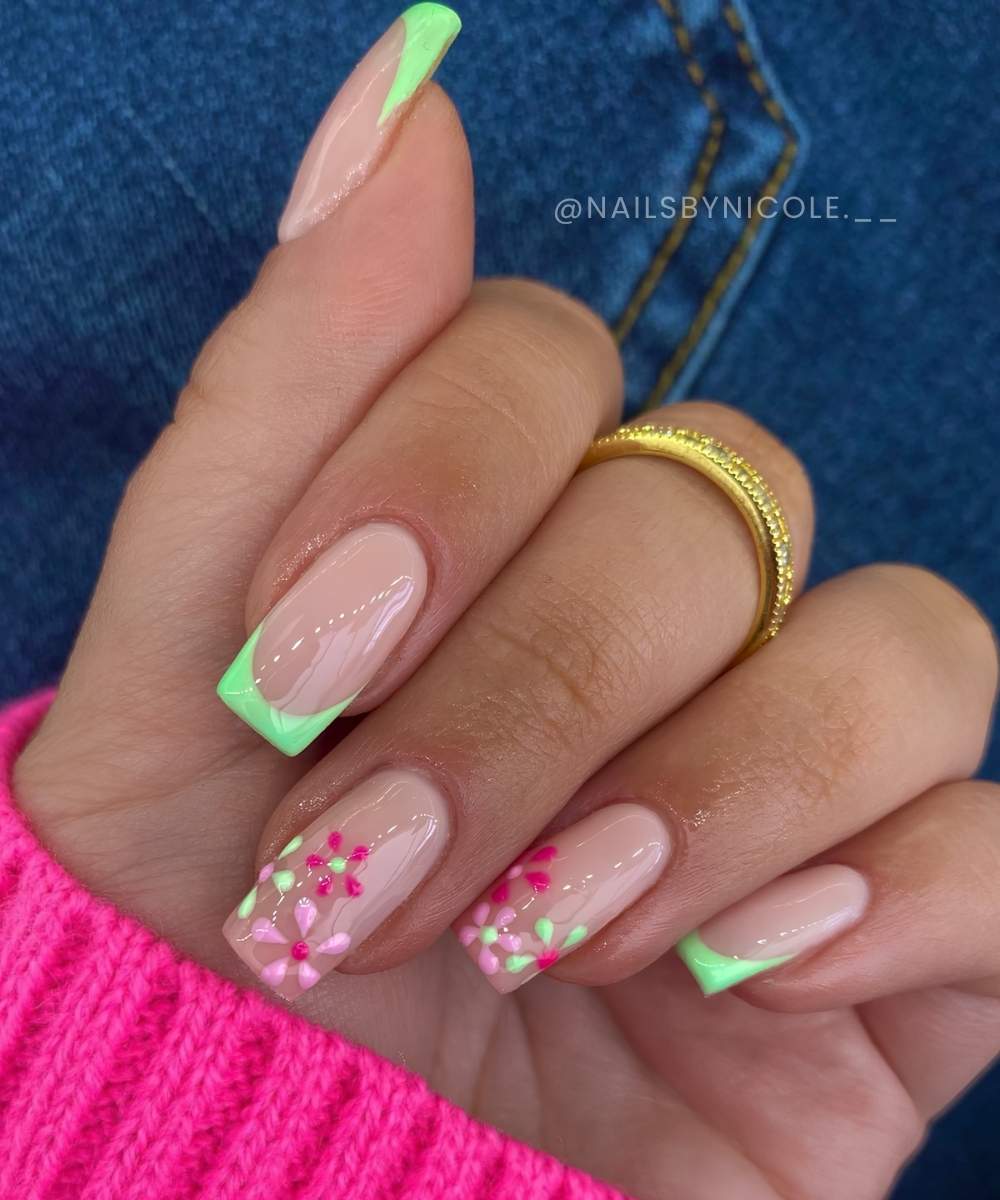 Square green French nails with pink flowers