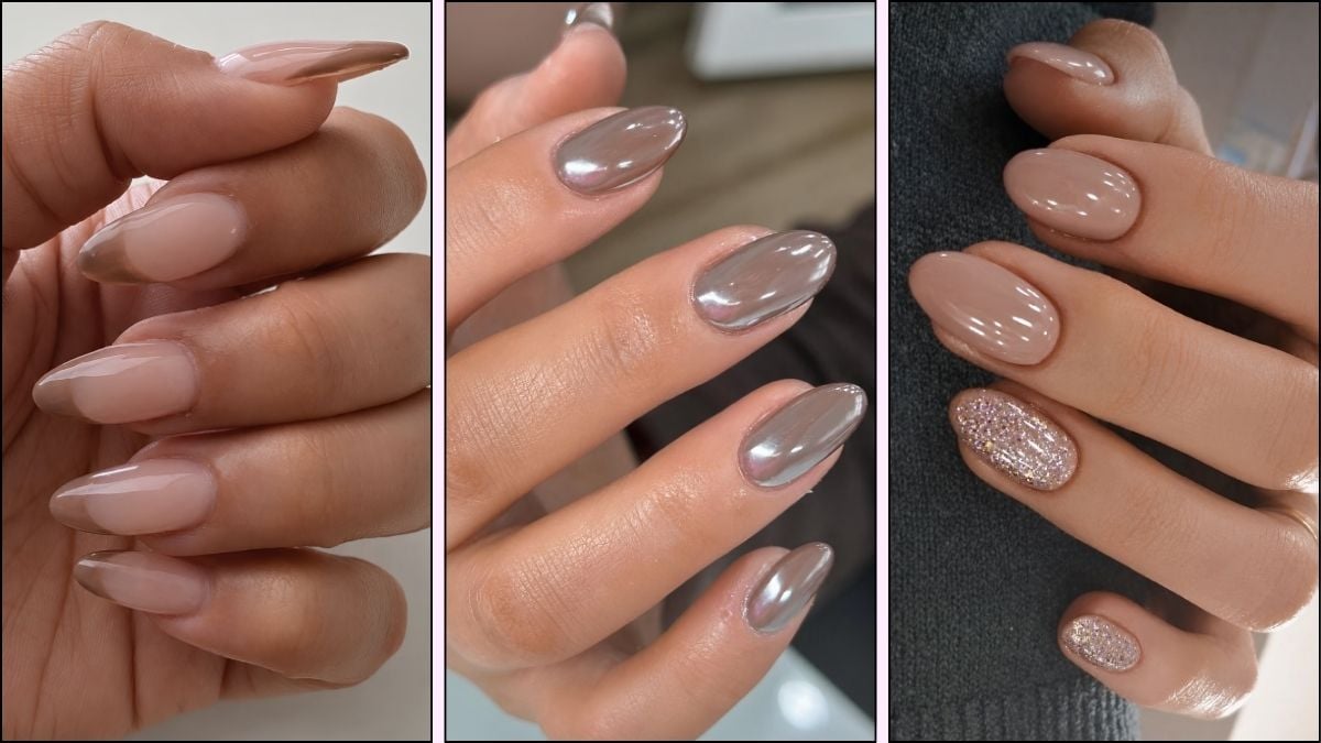 A collage of taupe nail designs