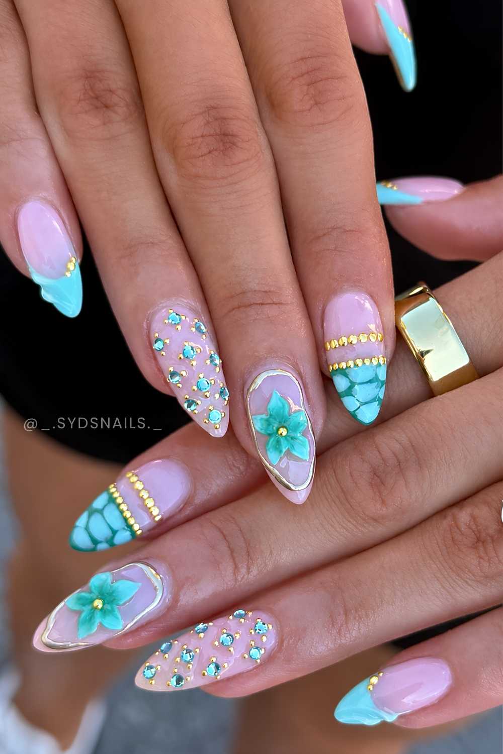 Teal French nails with animal print and 3d flowers