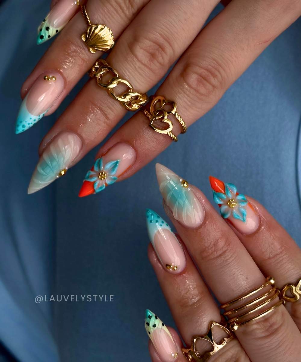 Teal and coral nails with flowers
