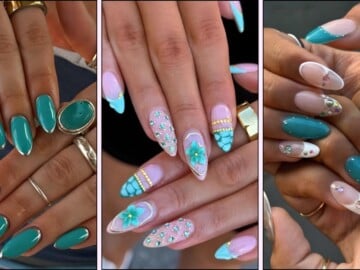 A collage of teal nail designs