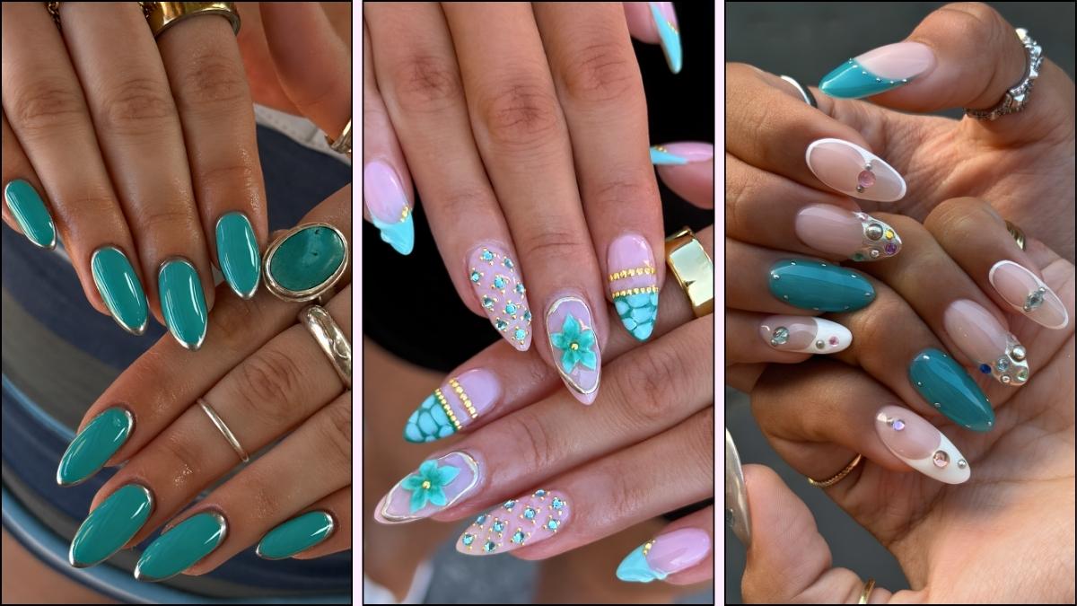 A collage of teal nail designs