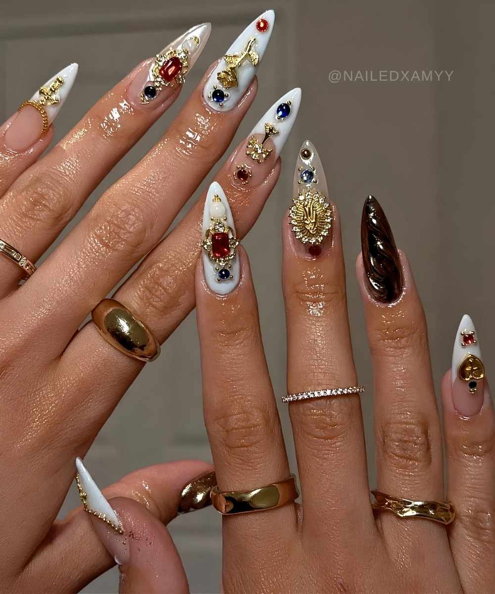 Textured blue and gold baroque inspired mani