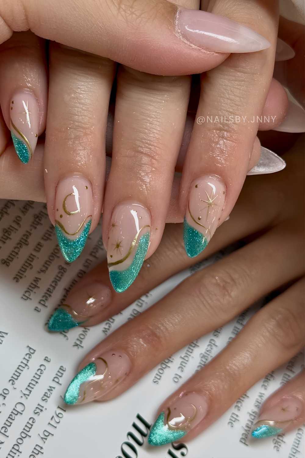 Velvet teal French with gold celestial art