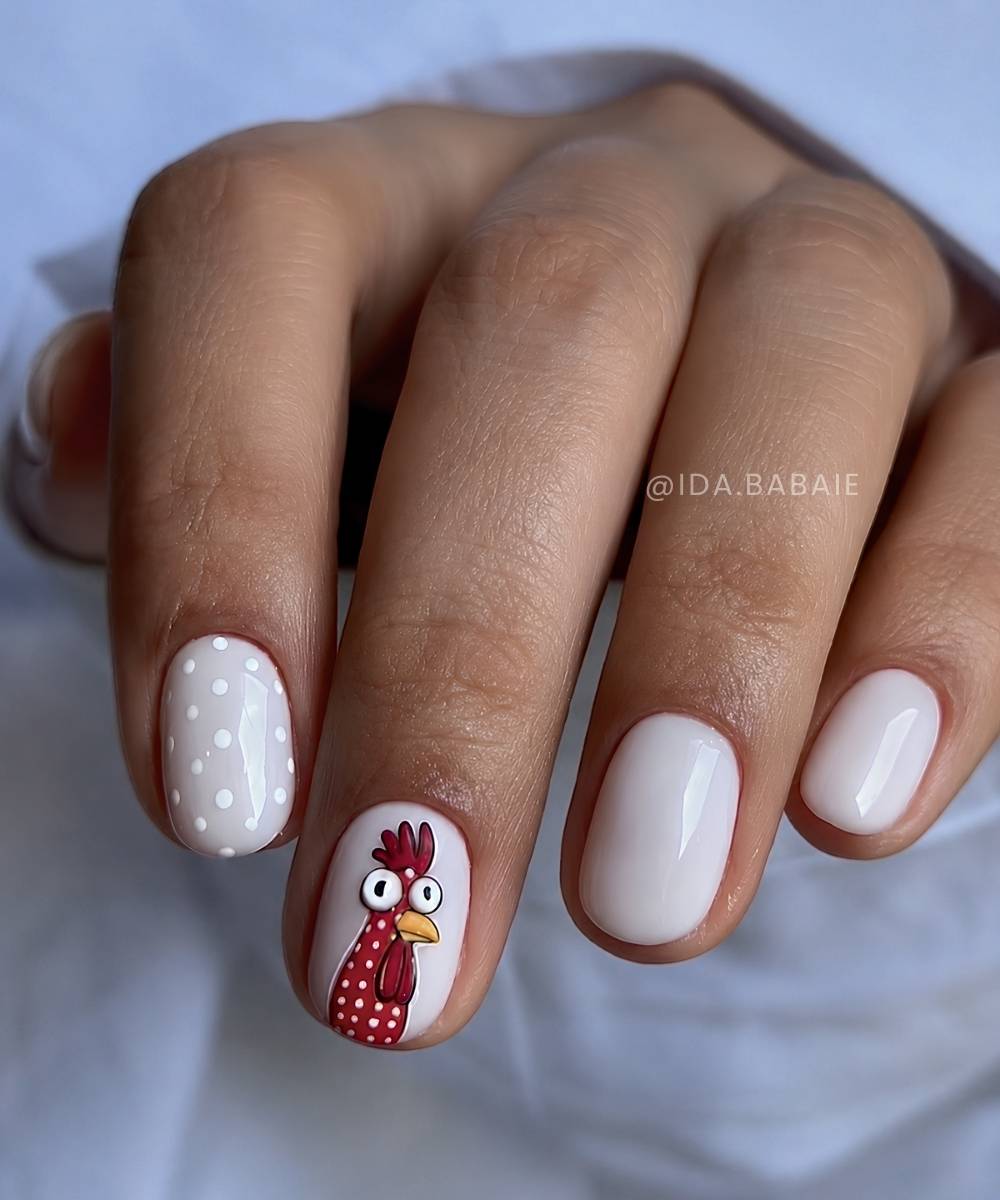 White nails with polka dots and chicken art