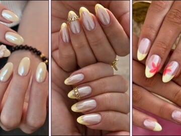 A collage of yellow chrome nail designs