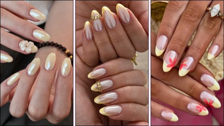 A collage of yellow chrome nail designs