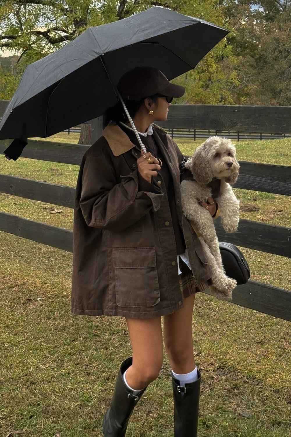 Barn jacket with plaid mini skirt and tall black boots