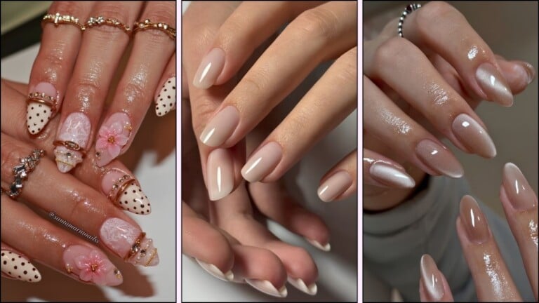 A collage of beige manicures
