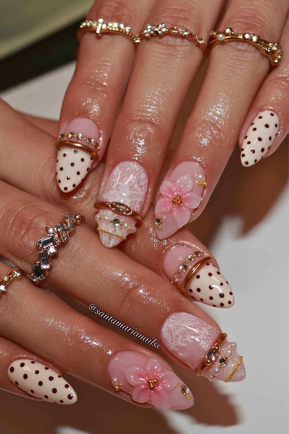 Beige polka dot nails with 3d flowers and bangle art