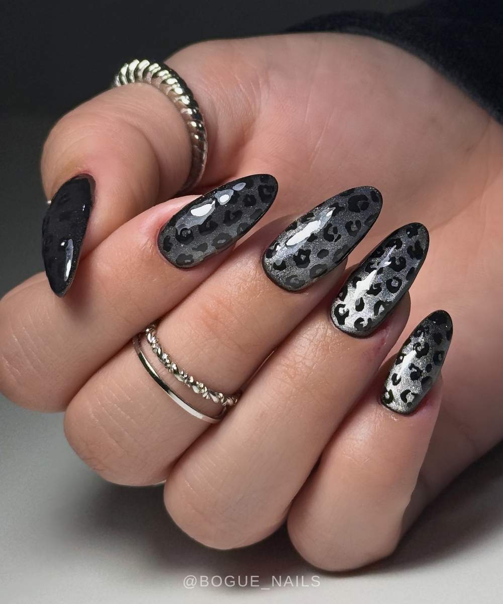 Black cat eye mani with leopard print